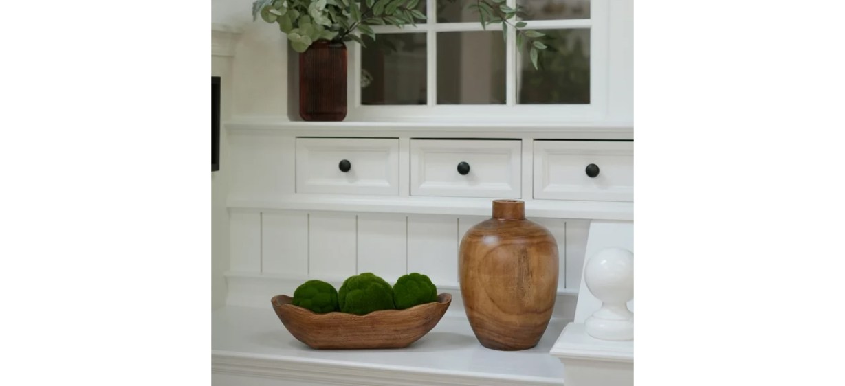 Better Homes &amp; Gardens Indoor Carved Mid-Tone Brown Wood Decorative Dough Bowl on kitchen counter next to vase