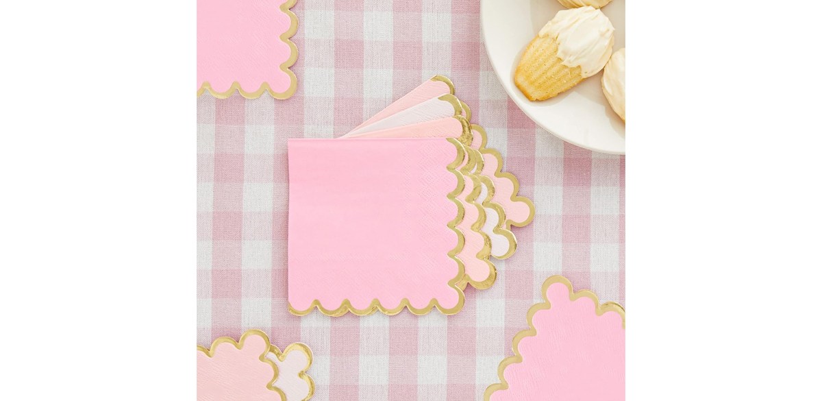 Sparkle and Bash Pink Scalloped Cocktail Napkins with Gold Foil Accents