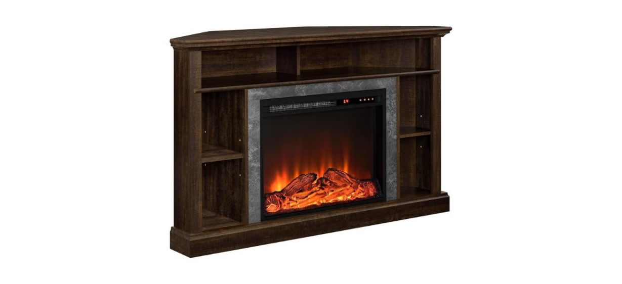  Ameriwood Home Overland Electric Corner Fireplace in dark brown wood color, on white background