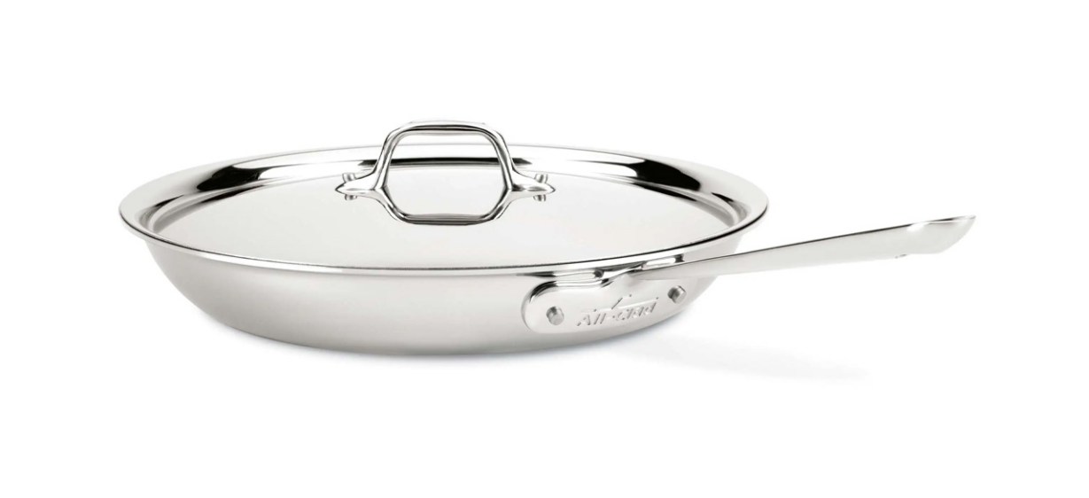 All-Clad D3 Stainless 3-ply Bonded Cookware, Fry Pan with lid, 12 inch on white background