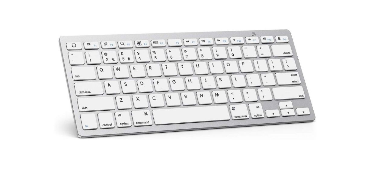 A white and silver wireless Bluetooth keyboard