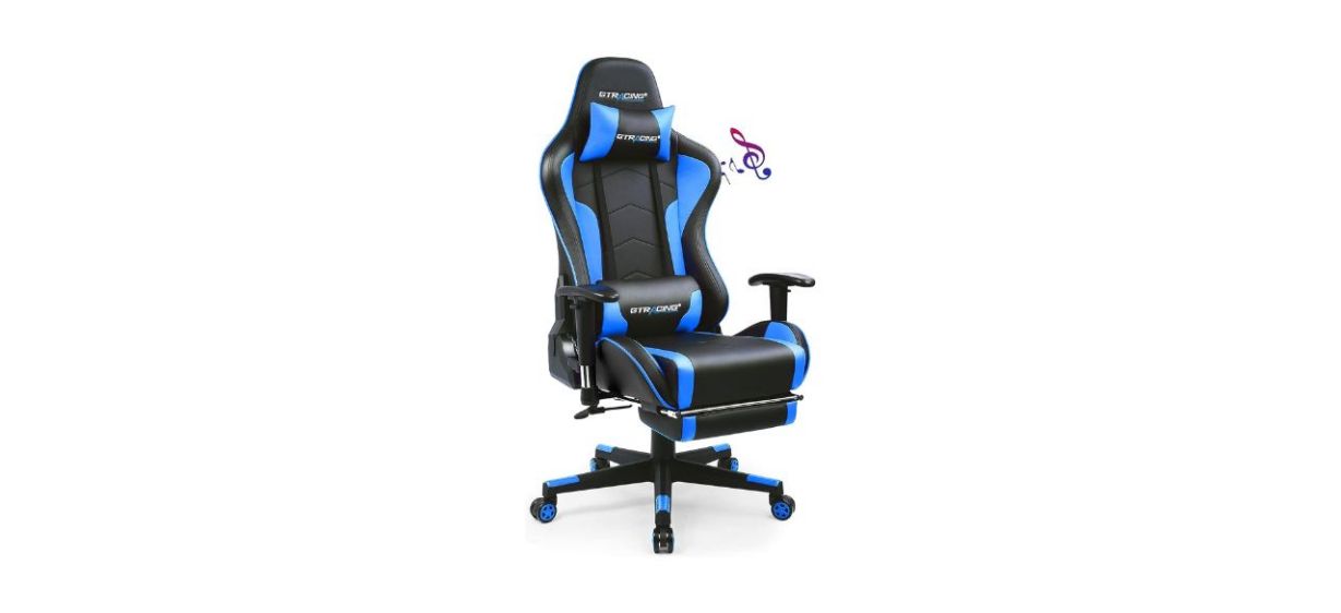 blue and black GTracing Gaming Chair with lumbar and head pillows on white background