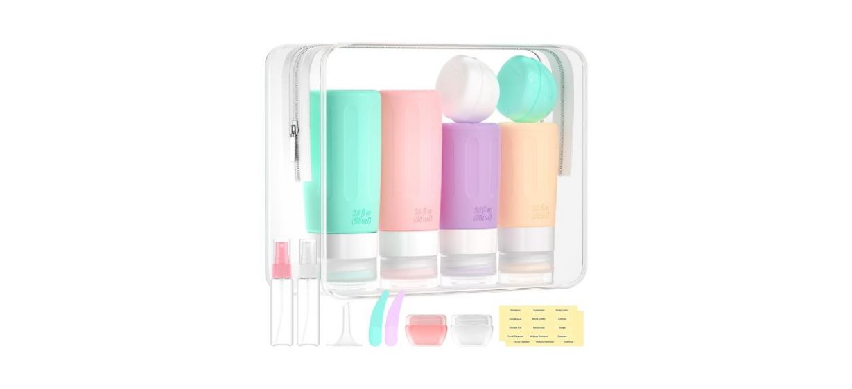 small toiletry containers in clear plastic zipper-closed bag