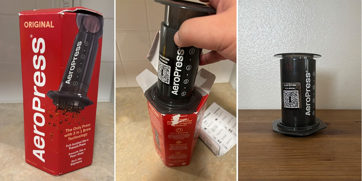 Collage with three different views of the AeroPress Original Coffee Press Collage with three different views of the AeroPress Original Coffee Press