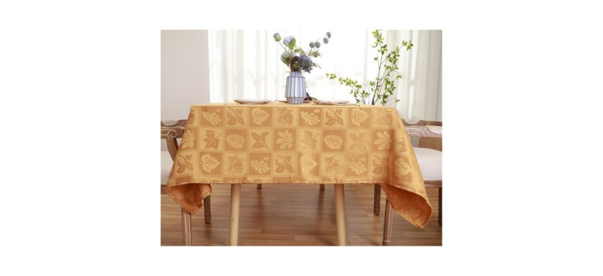 yellow checkered linen tablecloth with patterns of fall leaves yellow checkered linen tablecloth with patterns of fall leaves