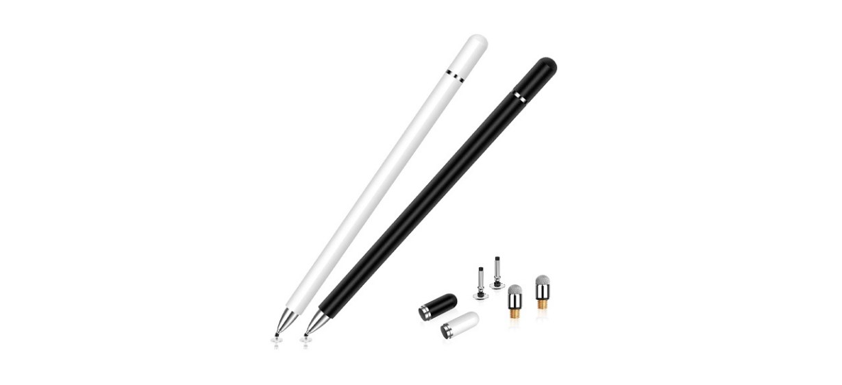Two stylus pens, one black and one white, shown with replacement parts.