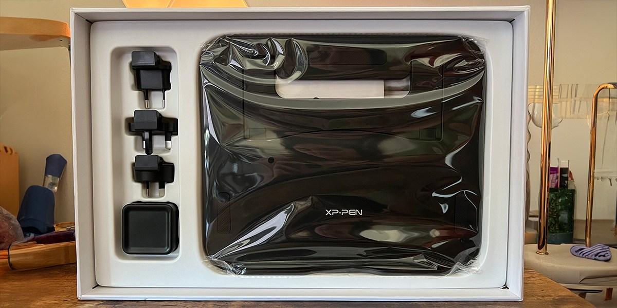 XP-Pen Drawing Tablet with Screen in open product box XP-Pen Drawing Tablet with Screen in open product box