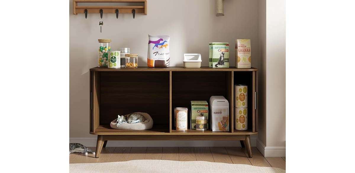 LUVIOHOME Modern Cat Litter Box Enclosure with Sliding Door