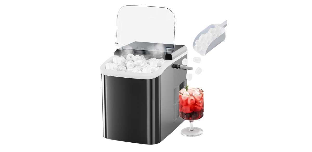 Sweetcrispy Countertop Ice Maker with Scoop, Basket and Handle, 9 Ice Cubes Machine Ready in 6 Mins, 26.5lbs in 24Hrs Sweetcrispy Countertop Ice Maker with Scoop, Basket and Handle, 9 Ice Cubes Machine Ready in 6 Mins, 26.5lbs in 24Hrs