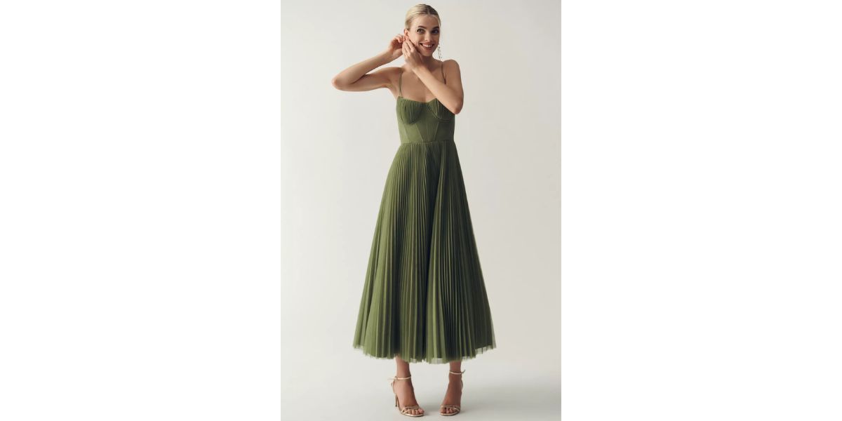 Anthropologie Hutch Amara Corset Pleated Tulle Fit &amp; Flare Midi Dress