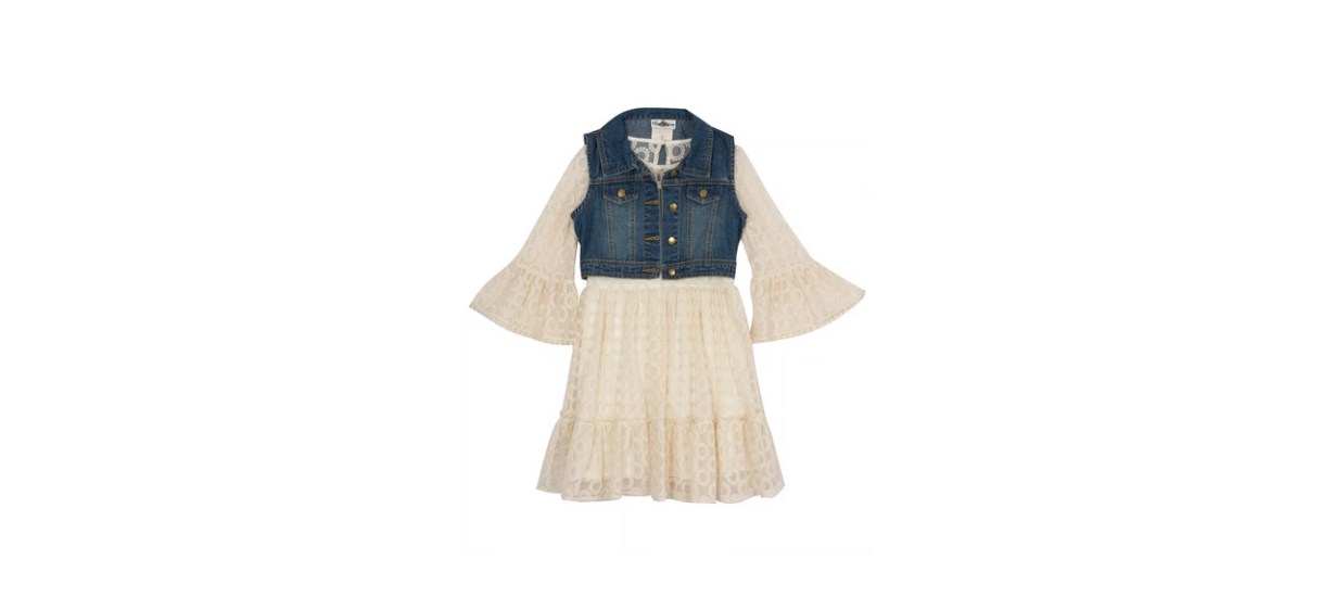 Apparel-Best Rare Editions Big Girls Embroidered Mesh Dress and Denim Vest Apparel-Best Rare Editions Big Girls Embroidered Mesh Dress and Denim Vest