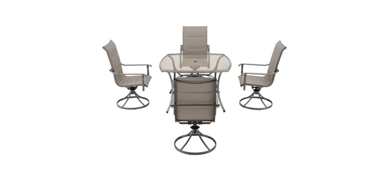 Best Hampton Bay Ashbury Pewter 5-Piece Steel Padded Sling Square Glass Top Outdoor Dining Set