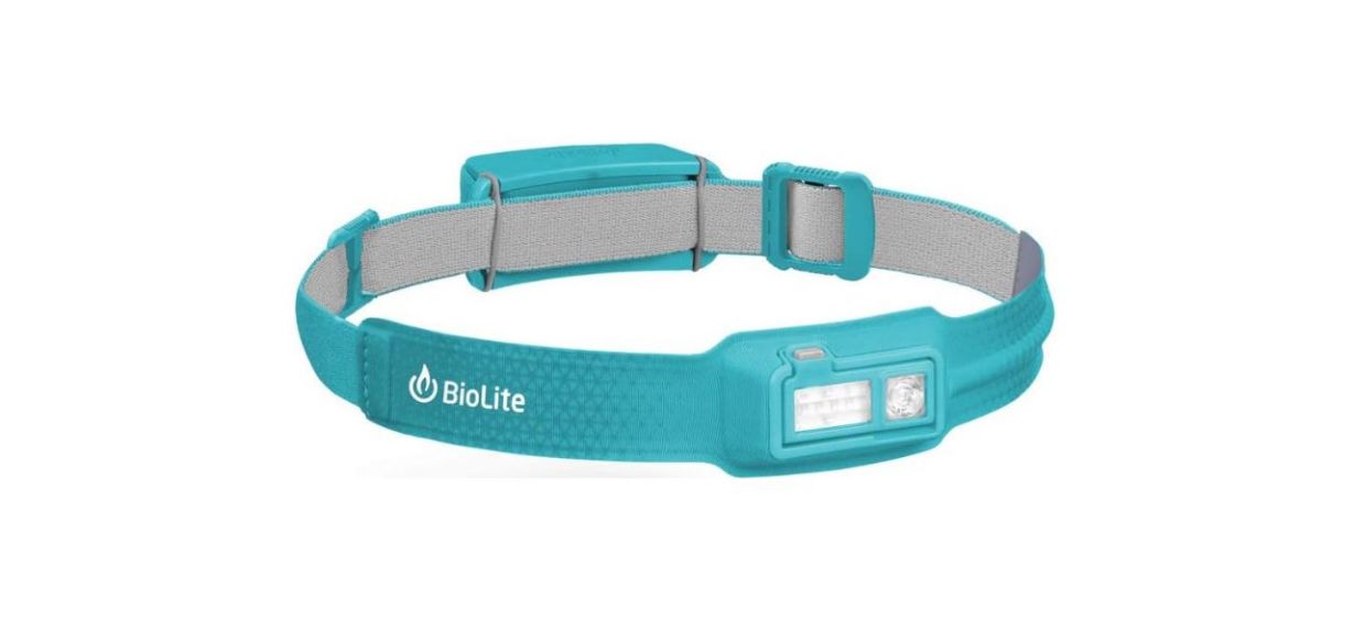 An aqua headlamp with a small light attached to the headband