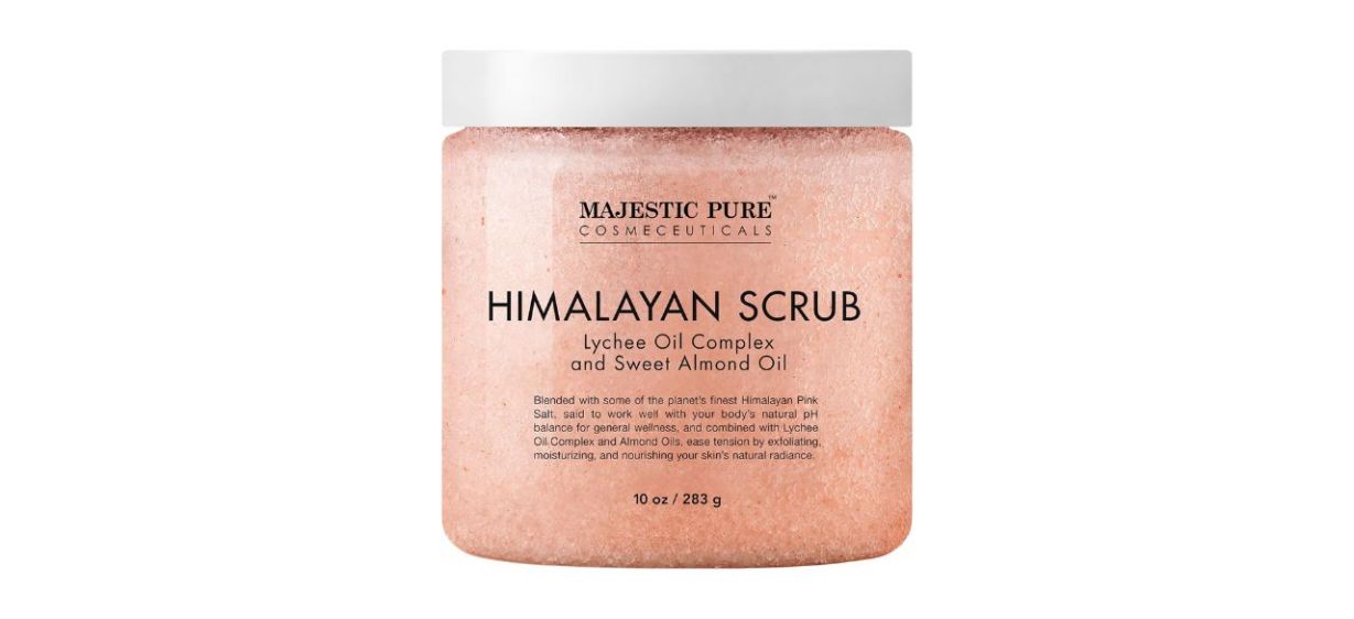 Himalayan Pink Salt Body Scrub tub on white background; text says it contains lychee oil complex and sweet almond oil