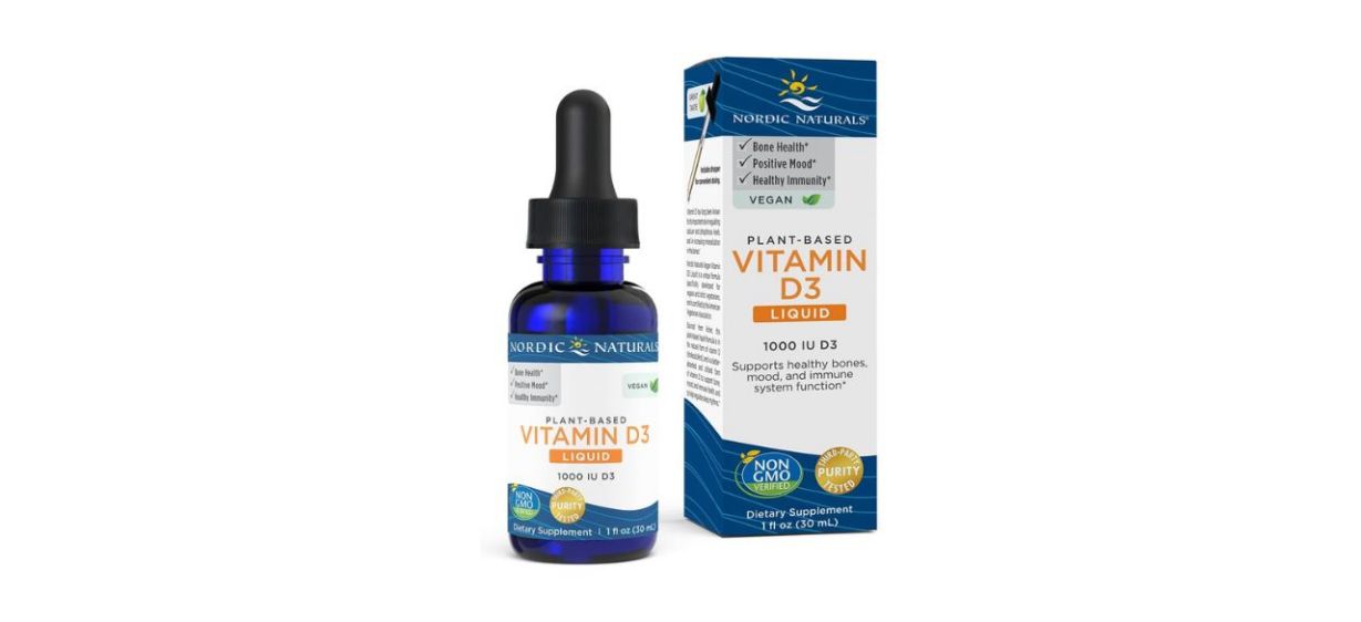 a blue dropper bottle of plant-based, non-GMO, 3rd-party lab tested vitamin D3 drops