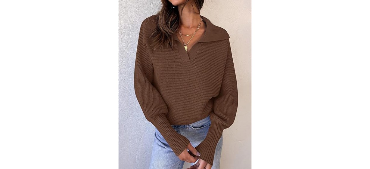 Woman wearing brown ZESICA Women's Sweater
