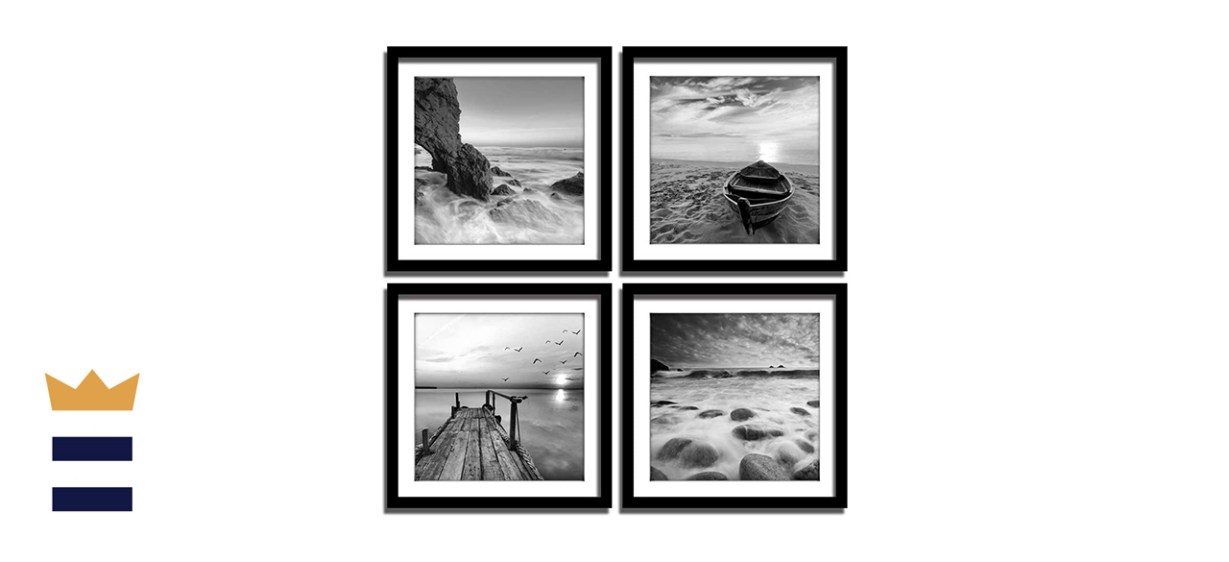 ENGLANT-4 Panels Set Framed Canvas Print for Seascape Beach and Boat Sunrise Scenery