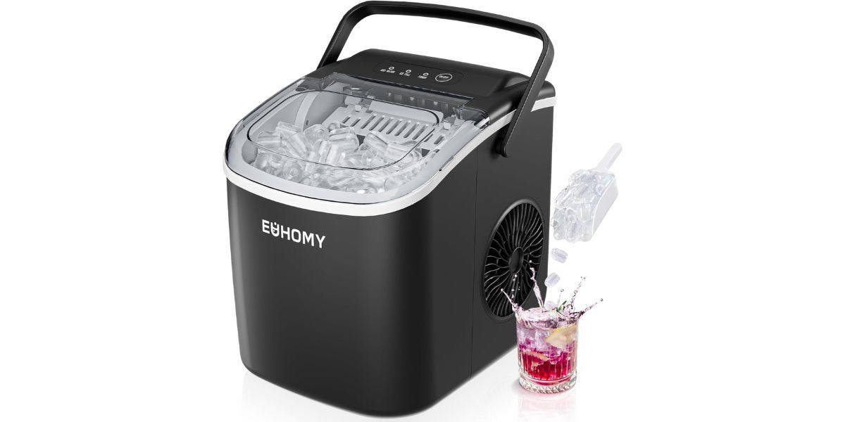 EUHOMY Countertop Ice Maker Machine with Handle on white background