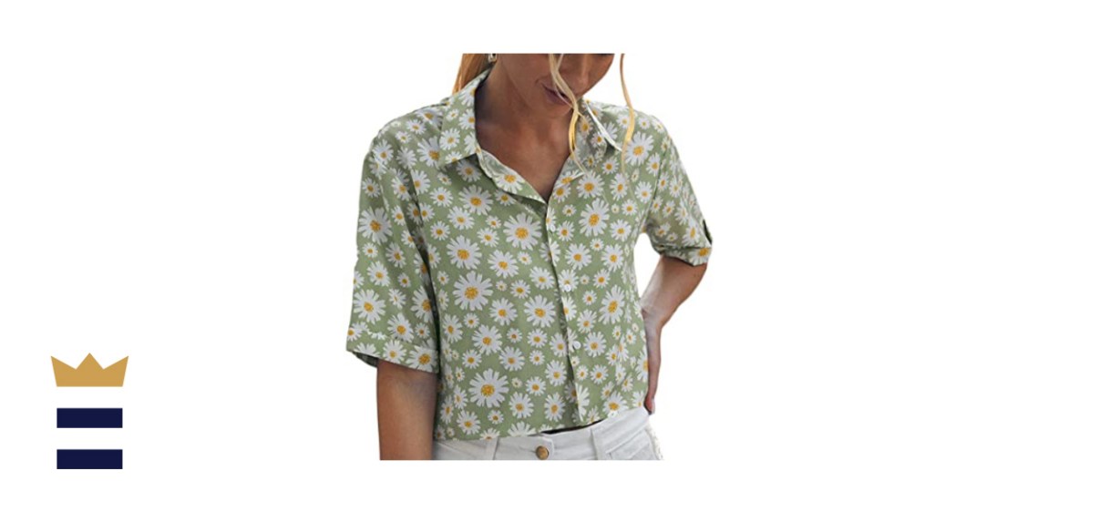 Floerns Women's Short Sleeve Contrast Print Colorblock Button Down Shirt Blouse