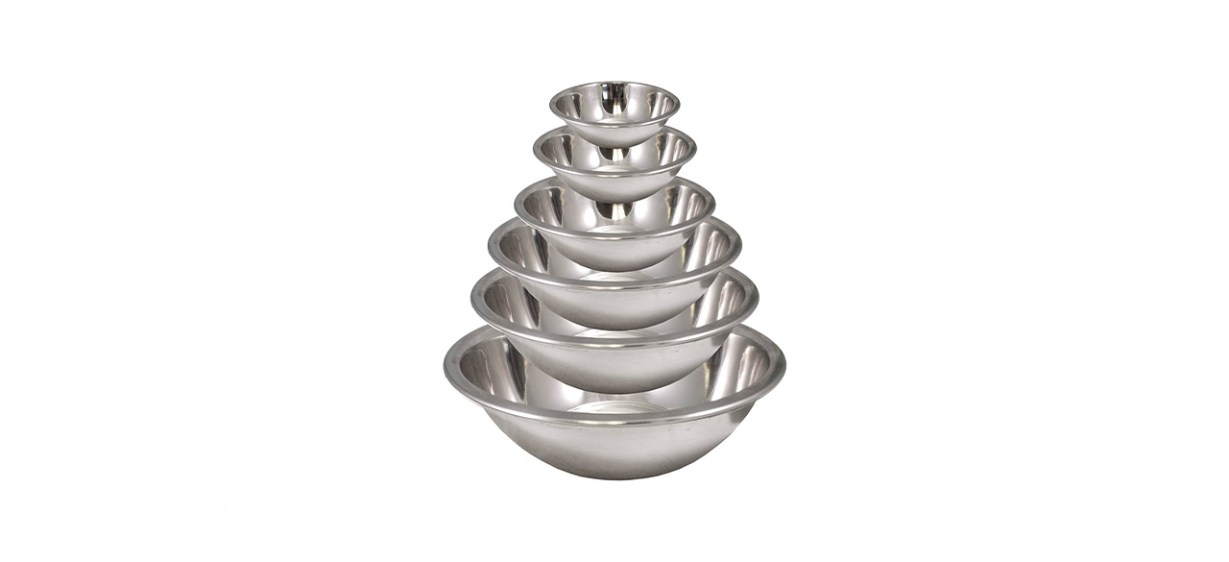 A set of six metal mixing bowls stacked from biggest to smallest