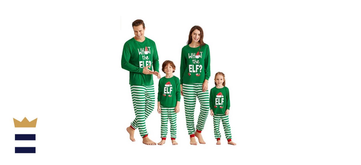 IFFEI Matching Family Christmas Pajama Set Elf Tee and Striped Bottoms