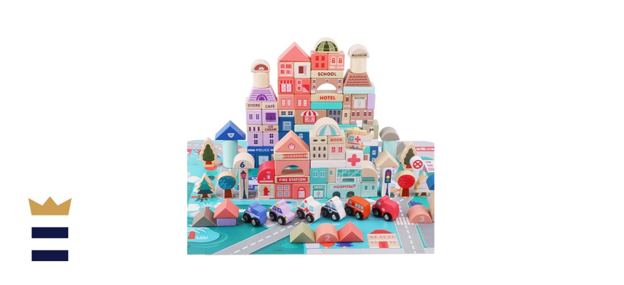 Lewo 115 Pieces Wooden Building Blocks with City Map Construction Building Set