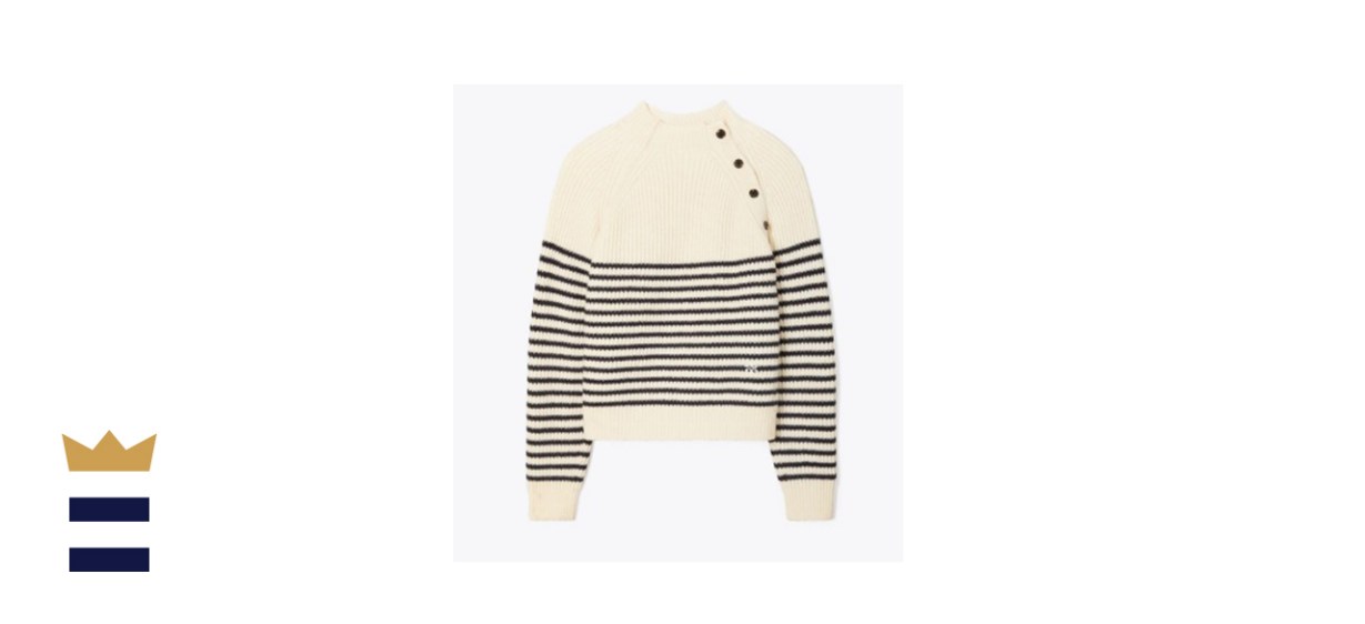 Tory Burch Breton-Stripe Merino Mock-Neck Sweater