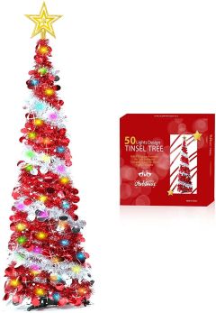 TURNONME 5 Foot Tinsel Pre-Lit Christmas Tree