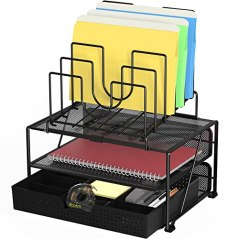 SimpleHouseware Mesh Desk Organizer with Sliding Drawer, Double Tray and 5  Upright Sections, Black