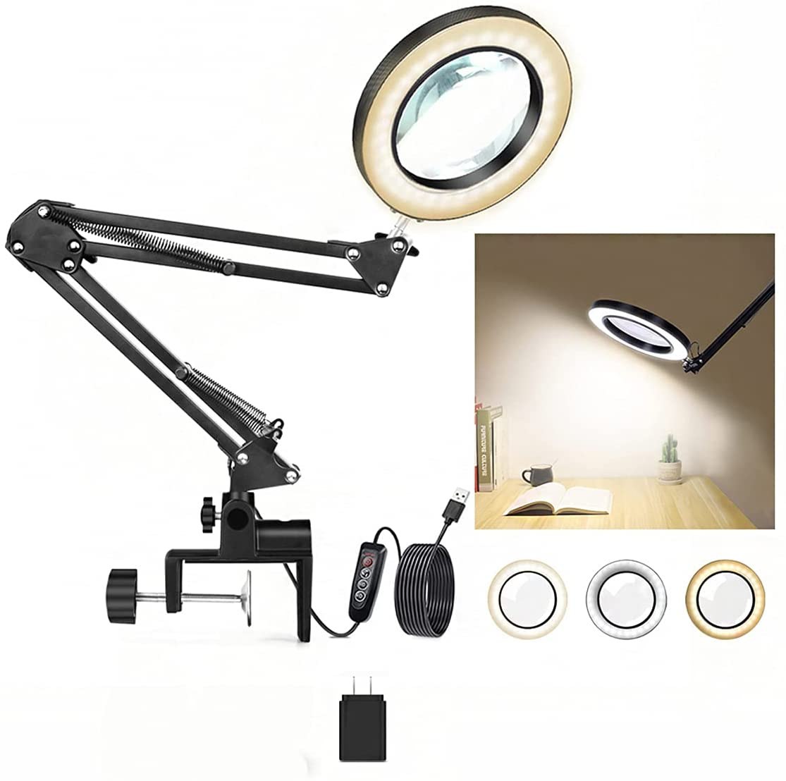 NOEVSBIG Magnifying Desk Lamp With Adjustable Light